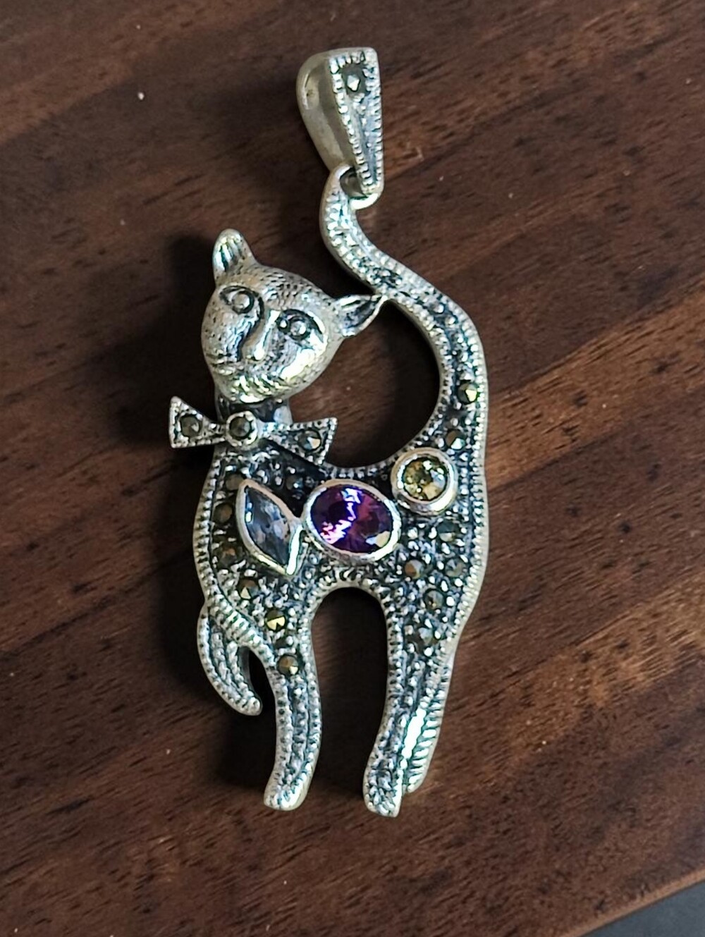 😺 Large Vintage Sterling Silver Gemstone Cat Pendant
